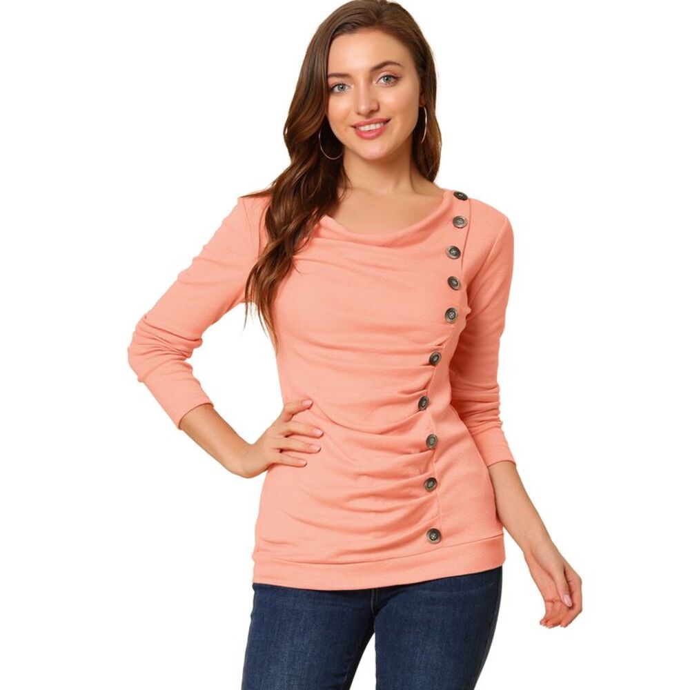 Women's Cowl Neck Long Sleeves Buttons Decor Ruched Top Salmon